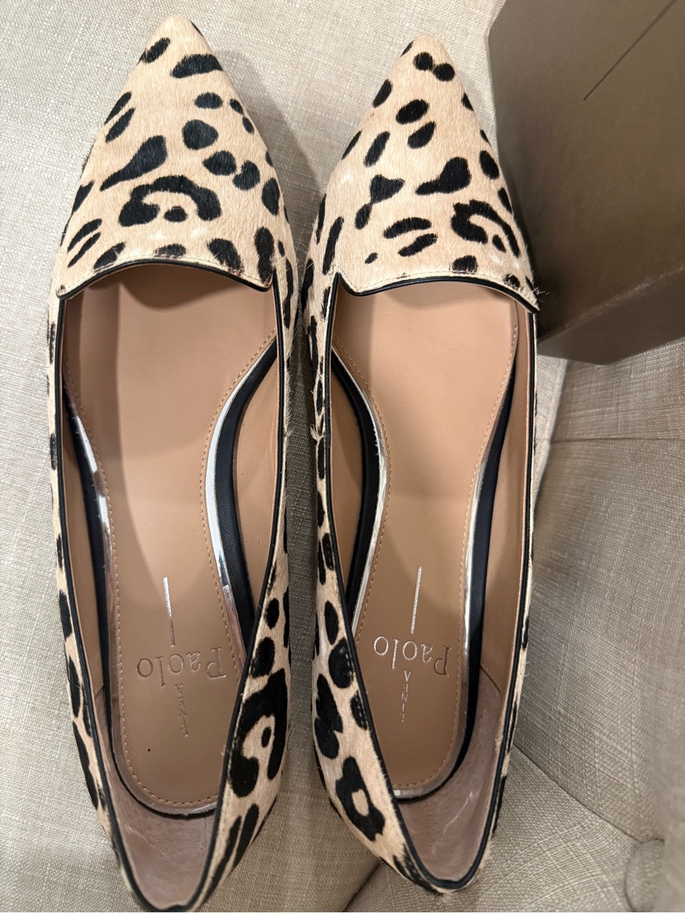 Paolo Leopard-Print Pointed Toe Flats in Beige and Black